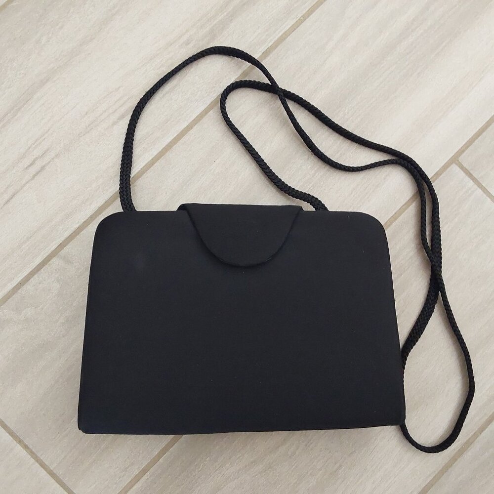 Marshall Field Vintage Black Fabric Crossbody Hard Shell Evening Handbag.